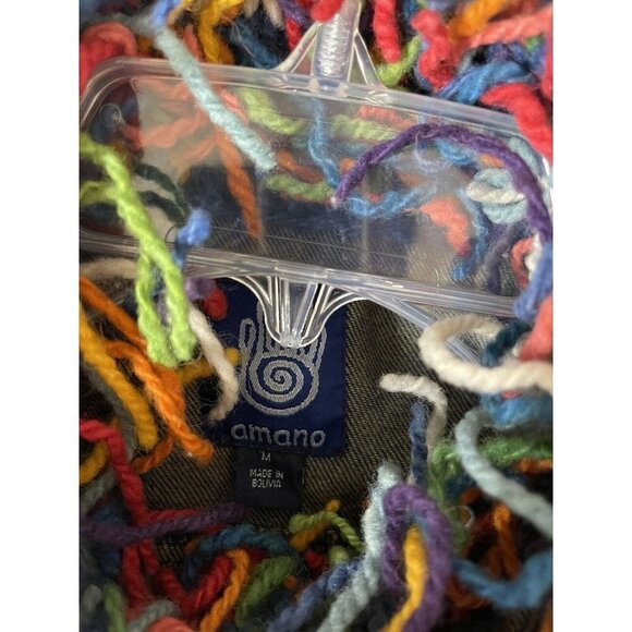 Amano Womens M Blue Denim Multicolor Wool Shag Trim Gloves Jean Jacket - Picture 5 of 11